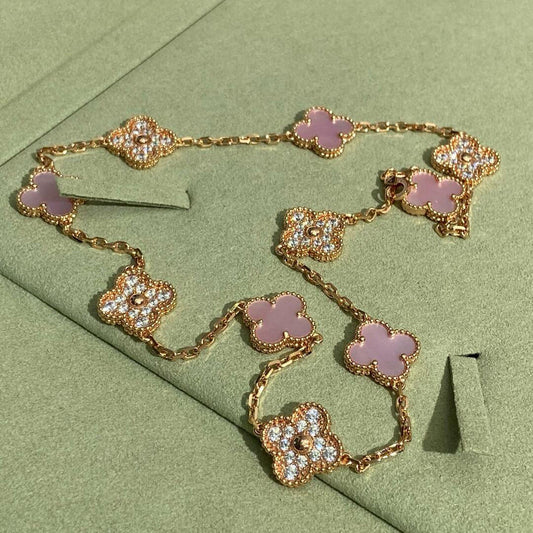 [OAK JURI]CLOVER 10 MOTIFS DIAMOND PINK MOP NECKLACE