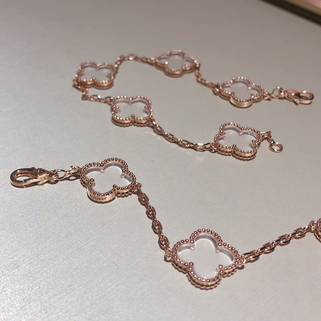 [OAK JURI]CLOVER 5 MOTIF ROCK CRYSTAL PINK GOLD BRACELET