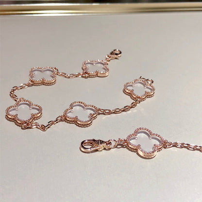 [OAK JURI]CLOVER 5 MOTIF ROCK CRYSTAL PINK GOLD BRACELET