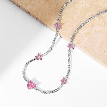 [OAK JURI]Dazzling Pink Heart Flower Necklace