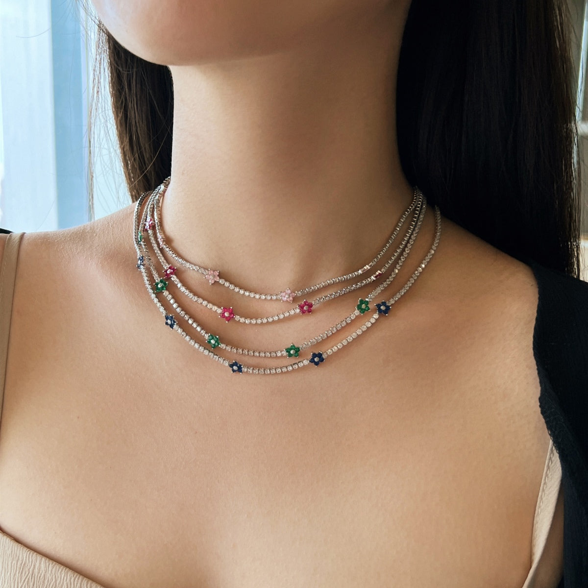 [OAK JURI]Luxurious Colorful Flower Tennis Necklace