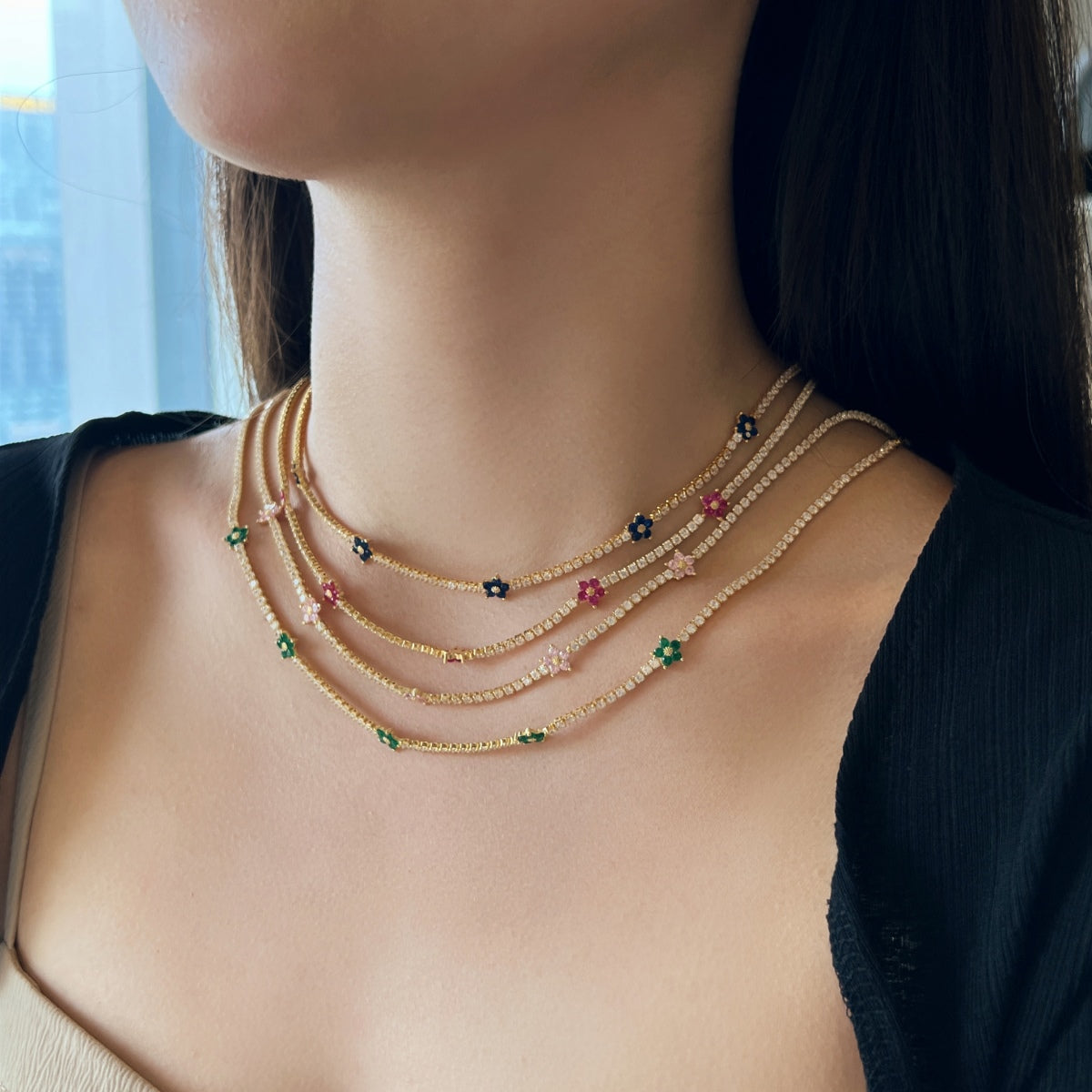 [OAK JURI]Luxurious Colorful Flower Tennis Necklace