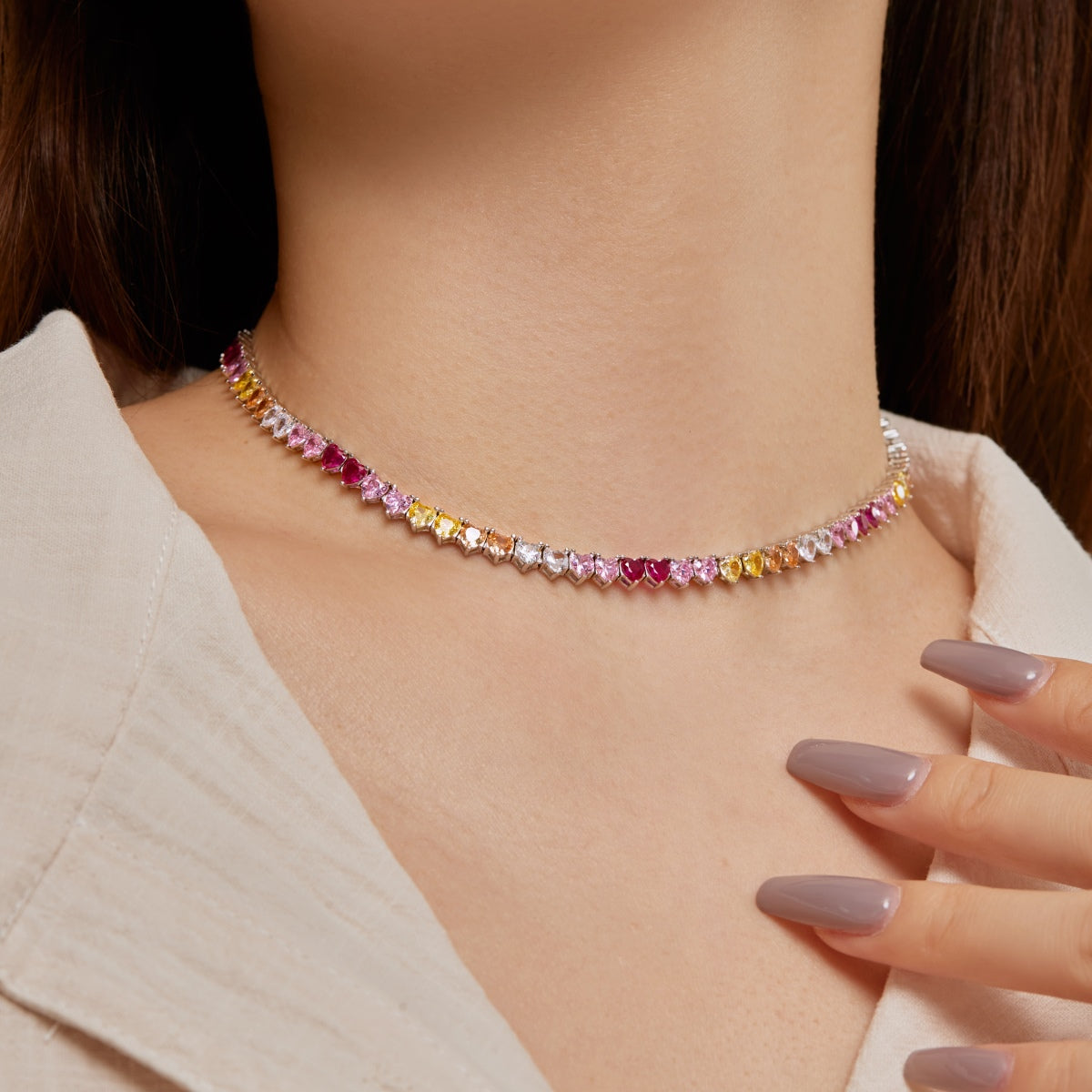 [OAK JURI]Sparkling Colorful Full Heart Tennis Necklace