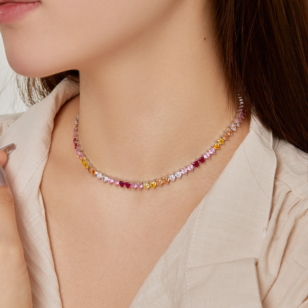 [OAK JURI]Sparkling Colorful Full Heart Tennis Necklace