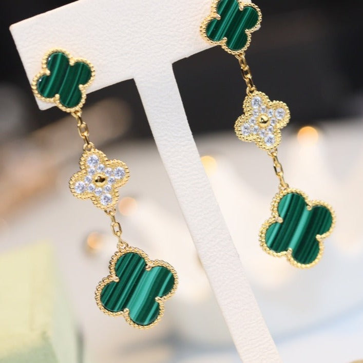 [OAK JURI]CLOVER EARRINGS GOLD MALACHITE DIAMOND 3 MOTIF