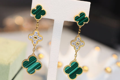 [OAK JURI]CLOVER EARRINGS GOLD MALACHITE DIAMOND 3 MOTIF
