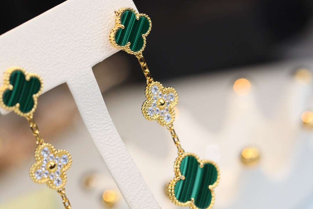 [OAK JURI]CLOVER EARRINGS GOLD MALACHITE DIAMOND 3 MOTIF