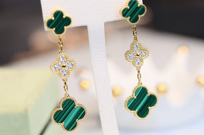 [OAK JURI]CLOVER EARRINGS GOLD MALACHITE DIAMOND 3 MOTIF