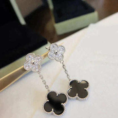 [OAK JURI]CLOVER 2 MOTIFS  DIAMOND ONYX EARRINGS SILVER