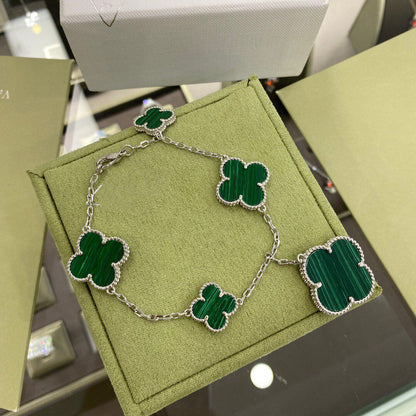 [OAK JURI]CLOVER 5 MOTIFS SIVLER MALACHITE BRACELET