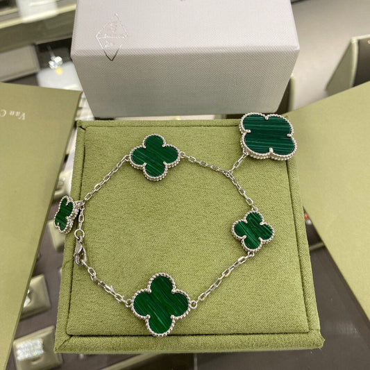 [OAK JURI]CLOVER 5 MOTIFS SIVLER MALACHITE BRACELET