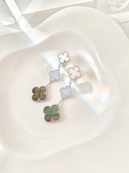 [OAK JURI]CLOVER 3 MOTIFS CHALCEDONY DARK MOP SILVER EARRINGS