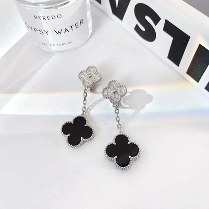 [OAK JURI]CLOVER 2 MOTIFS  DIAMOND ONYX EARRINGS SILVER