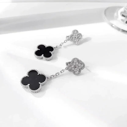 [OAK JURI]CLOVER 2 MOTIFS  DIAMOND ONYX EARRINGS SILVER