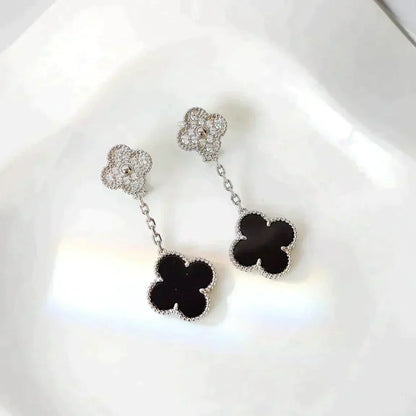 [OAK JURI]CLOVER 2 MOTIFS  DIAMOND ONYX EARRINGS SILVER