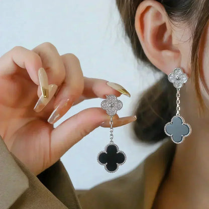 [OAK JURI]CLOVER 2 MOTIFS  DIAMOND ONYX EARRINGS SILVER
