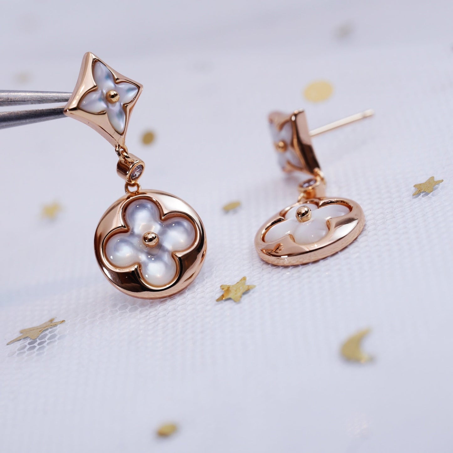 [OAK JURI]STAR AND SUN PINK GOLD MOP DROP EARRINGS
