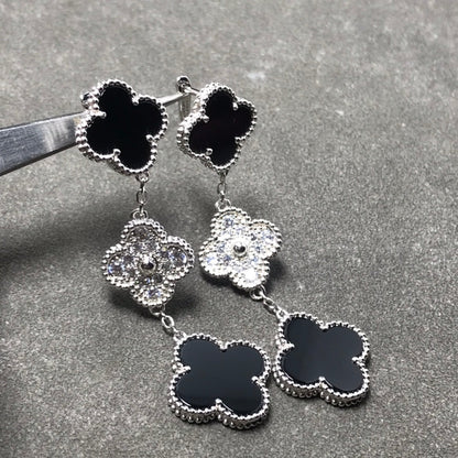 [OAK JURI]CLOVER 3 MOTIF DIAMOND ONYX SILVER EARRINGS