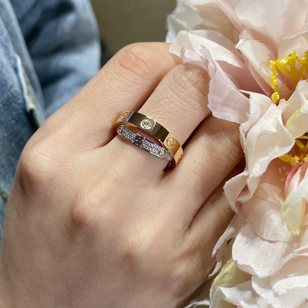 [OAK JURI]LOVE PINK GOLD SILVER DIAMOND DOUBLE RING