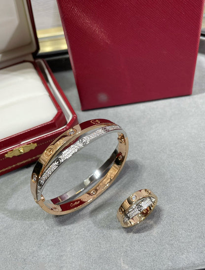 [OAK JURI]LOVE PINK GOLD SILVER DIAMOND DOUBLE RING