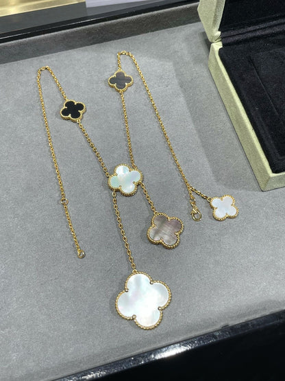 [OAK JURI]CLOVER 6 MOTIF MOP ONYX GOLD NECKLACE