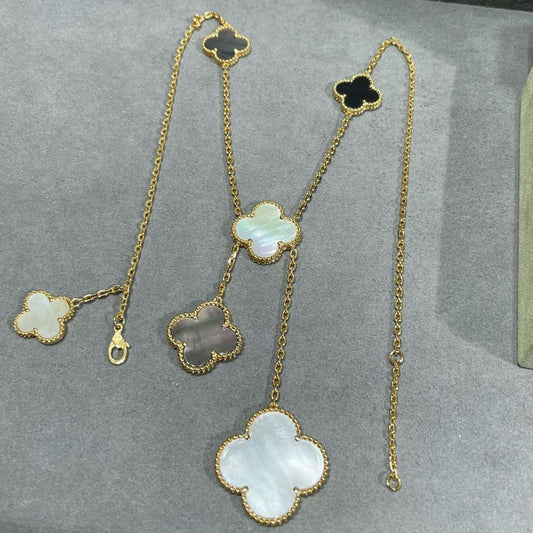 [OAK JURI]CLOVER 6 MOTIF MOP ONYX GOLD NECKLACE