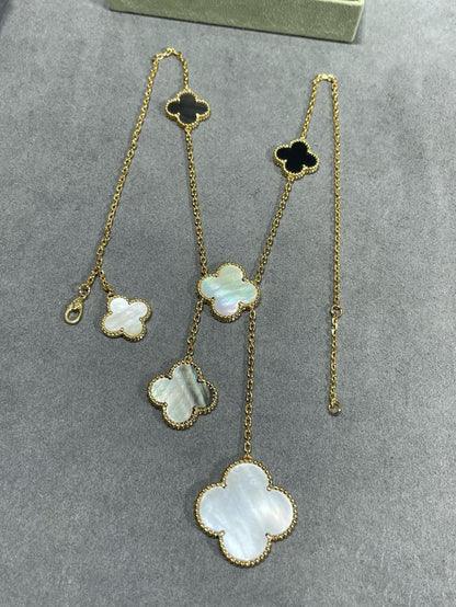 [OAK JURI]CLOVER 6 MOTIF MOP ONYX GOLD NECKLACE