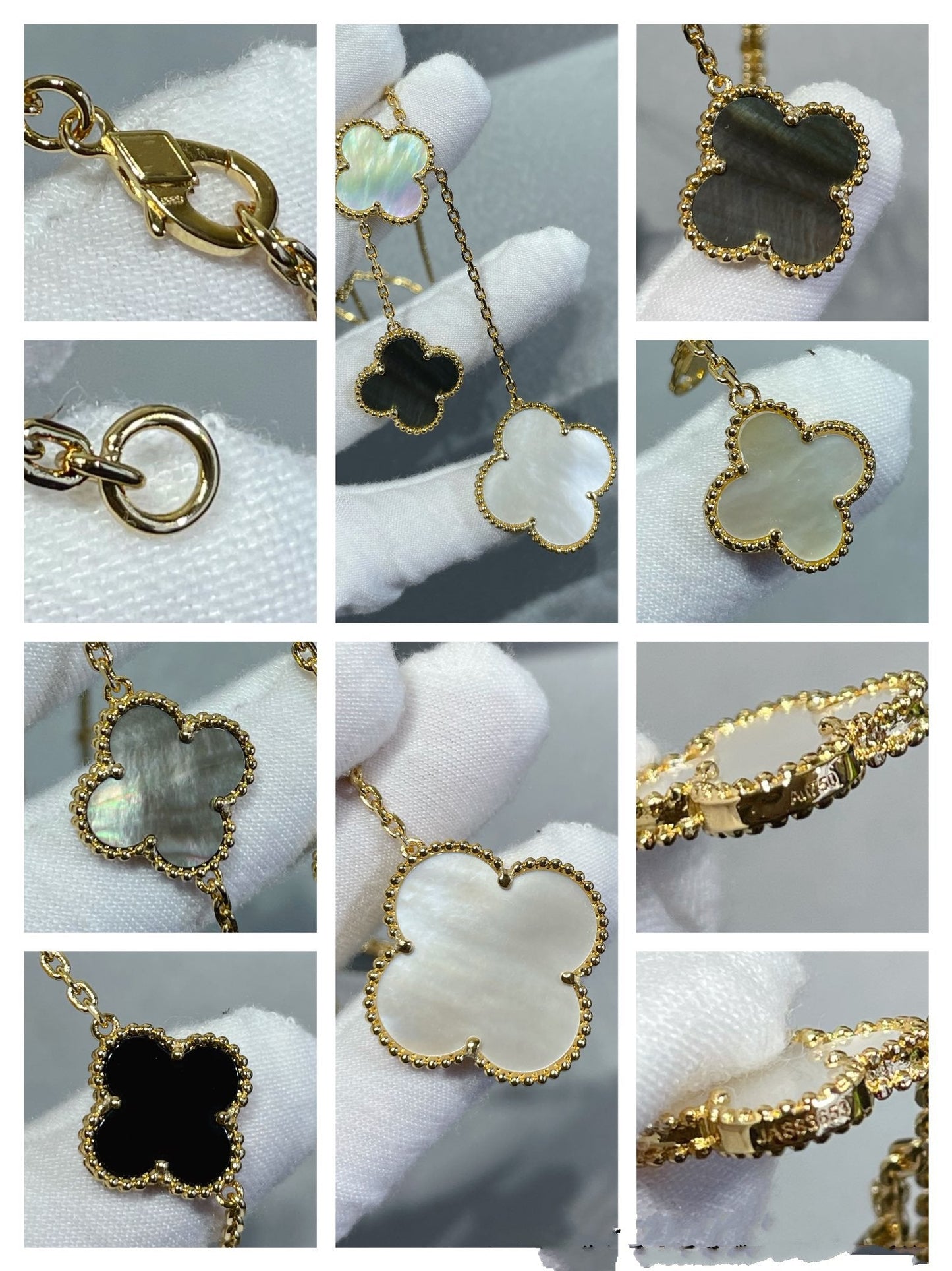 [OAK JURI]CLOVER 6 MOTIF MOP ONYX GOLD NECKLACE