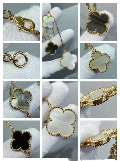 [OAK JURI]CLOVER 6 MOTIF MOP ONYX GOLD NECKLACE