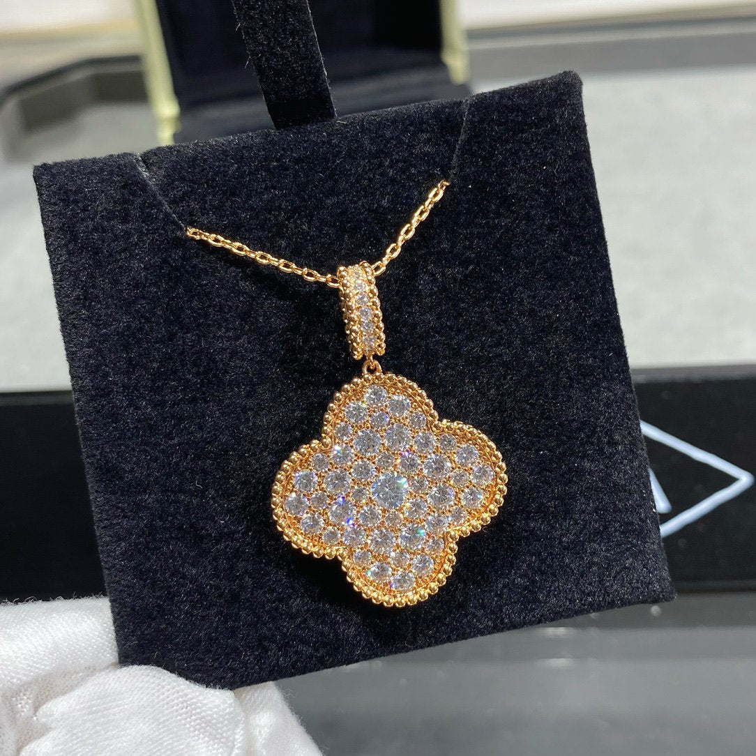 [OAK JURI]CLOVER 25MM LARGE PEDANT DIAMOND PAVED LONG NECKLACE