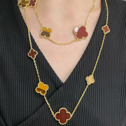 [OAK JURI]CLOVER 16 MOTIF CARNELIAN TIGER EYE ROSE GOLD NECKLACE