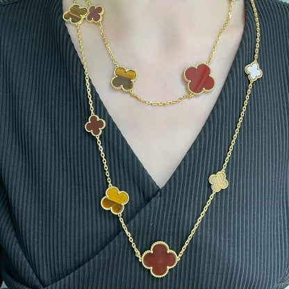 [OAK JURI]CLOVER 16 MOTIF CARNELIAN TIGER EYE ROSE GOLD NECKLACE