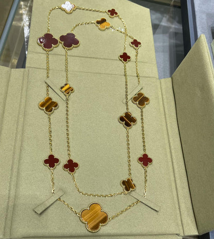 [OAK JURI]CLOVER 16 MOTIF CARNELIAN TIGER EYE ROSE GOLD NECKLACE