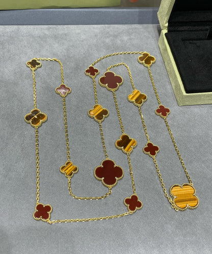 [OAK JURI]CLOVER 16 MOTIF CARNELIAN TIGER EYE ROSE GOLD NECKLACE