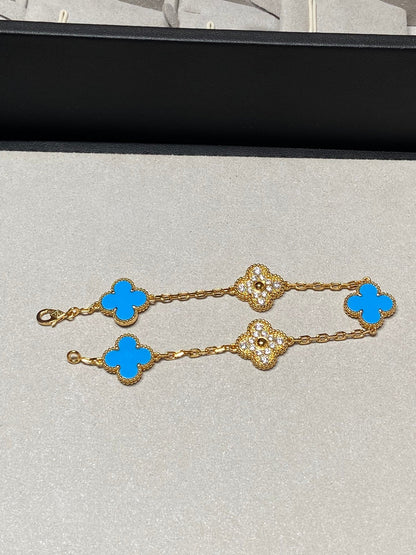 [OAK JURI]CLOVER 5 MOTIF BLUE CHALCEDONY DIAMOND GOLD BRACELET