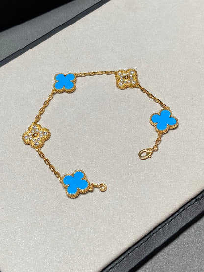 [OAK JURI]CLOVER 5 MOTIF BLUE CHALCEDONY DIAMOND GOLD BRACELET