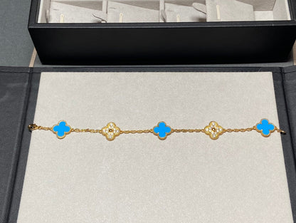 [OAK JURI]CLOVER 5 MOTIF BLUE CHALCEDONY DIAMOND GOLD BRACELET