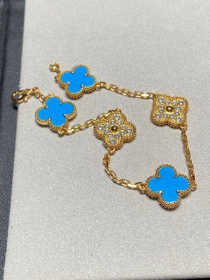 [OAK JURI]CLOVER 5 MOTIF BLUE CHALCEDONY DIAMOND GOLD BRACELET