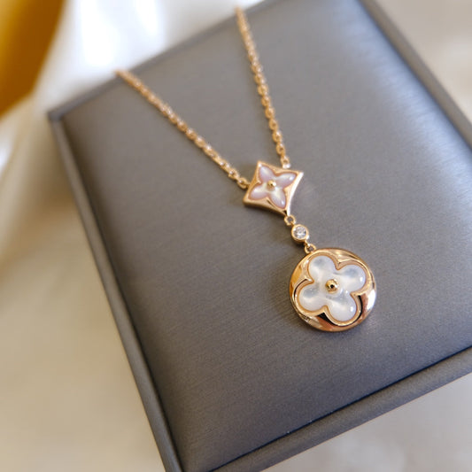 [OAK JURI]STAR AND SUN WHITE MOP 2 MOTIF PINK GOLD NECKLACE