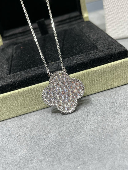 [OAK JURI]CLOVER 25MM LARGE PENDANT DIAMOND PAVED SILVER NECKLACE