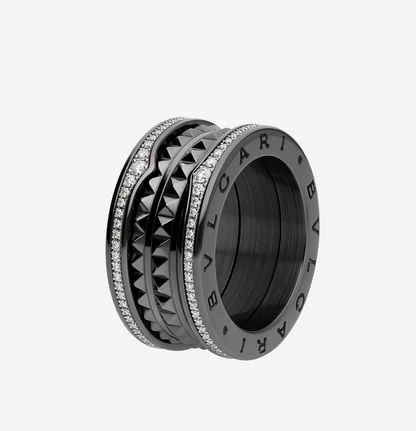 [OAK JURI]ZERO 1 ROCK FOUR-BAND BLACK CERAMIC WITH STUDDED SPIRAL AND PAVED DIAMONDS RING