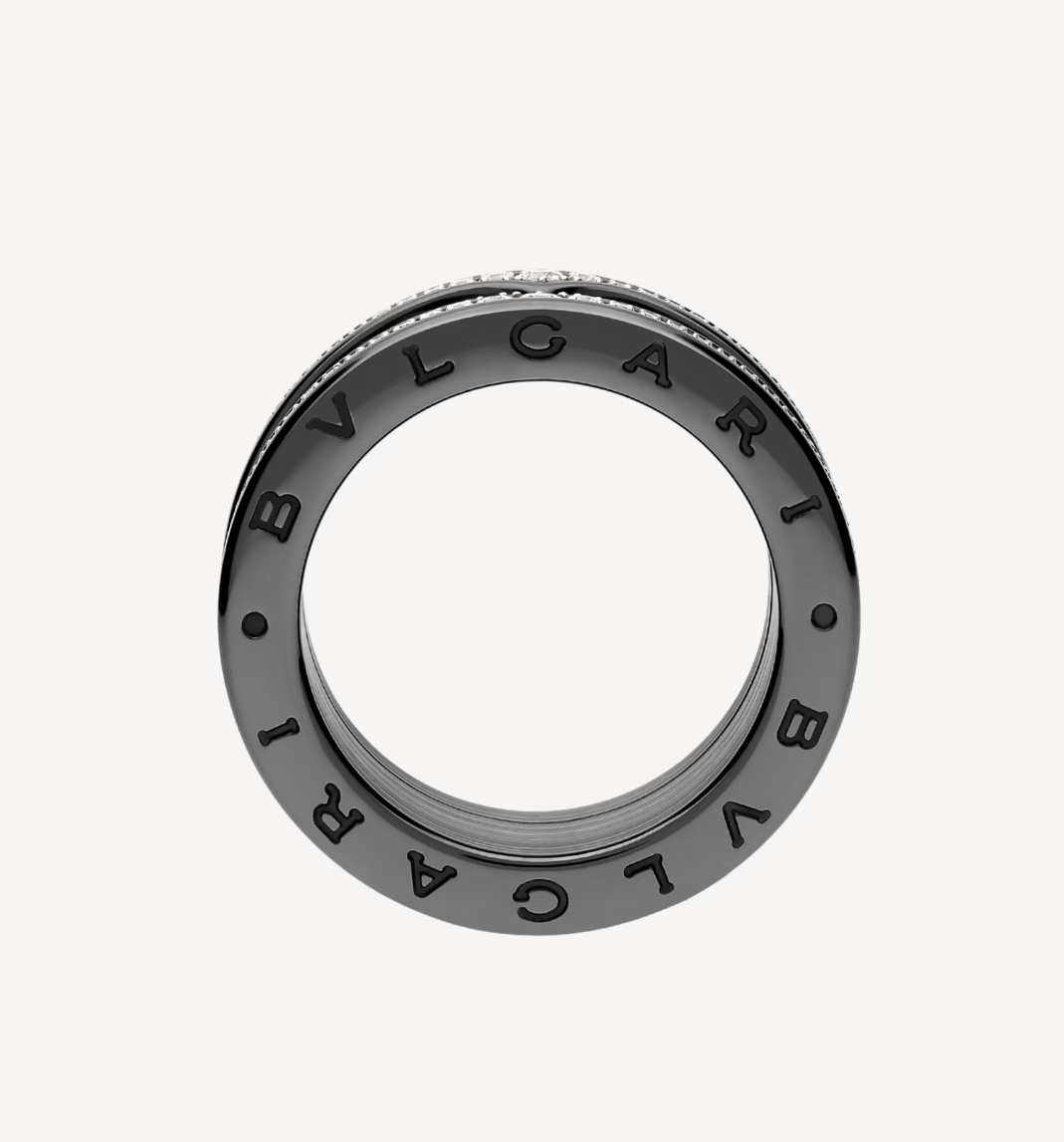 [OAK JURI]ZERO 1 ROCK FOUR-BAND BLACK CERAMIC WITH STUDDED SPIRAL AND PAVED DIAMONDS RING