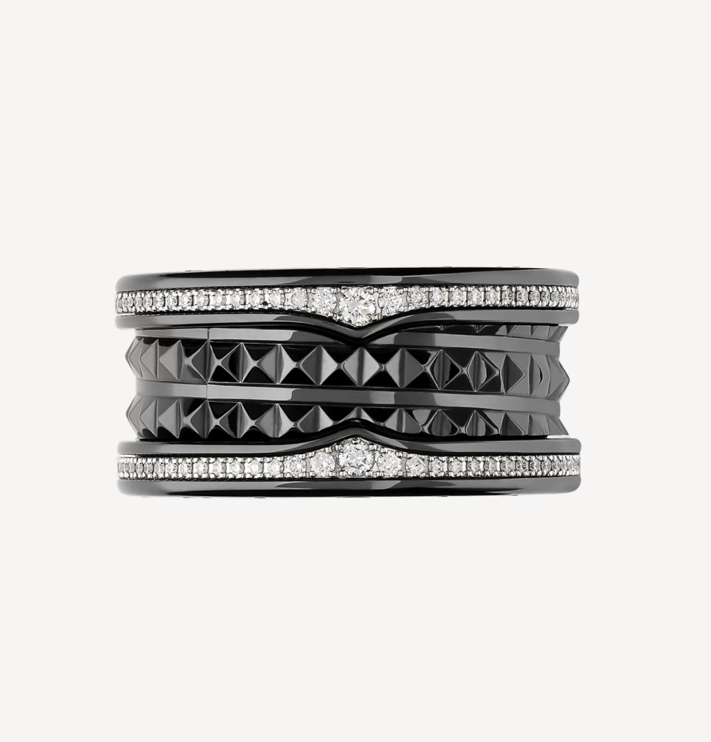 [OAK JURI]ZERO 1 ROCK FOUR-BAND BLACK CERAMIC WITH STUDDED SPIRAL AND PAVED DIAMONDS RING