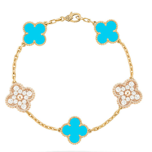 [OAK JURI]CLOVER 5 MOTIF TURQUOISE DIAMOND GOLD BRACELET