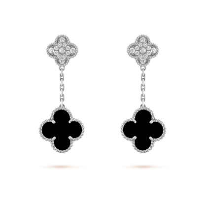 [OAK JURI]CLOVER 2 MOTIFS  DIAMOND ONYX EARRINGS SILVER