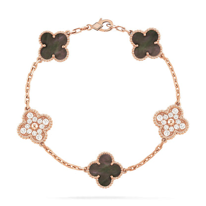 [OAK JURI]CLOVER 5 MOTIFS DARK MOP AND DIAMONDS PINK GOLD BRACELET