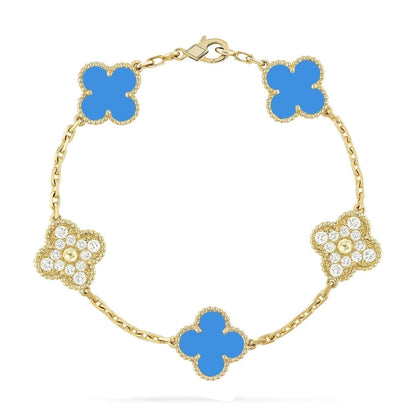 [OAK JURI]CLOVER 5 MOTIF BLUE CHALCEDONY DIAMOND GOLD BRACELET