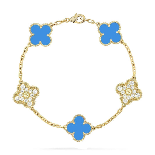 [OAK JURI]CLOVER 5 MOTIF BLUE CHALCEDONY DIAMOND GOLD BRACELET