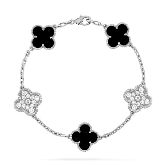 [OAK JURI]CLOVER 5 MOTIF ONYXS DIAMOND BRACELET SILVER