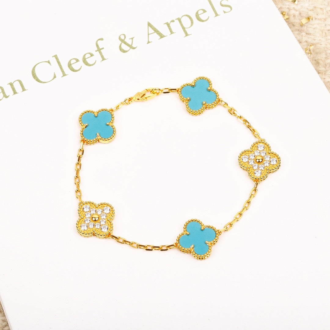 [OAK JURI]CLOVER 5 MOTIF TURQUOISE DIAMOND GOLD BRACELET
